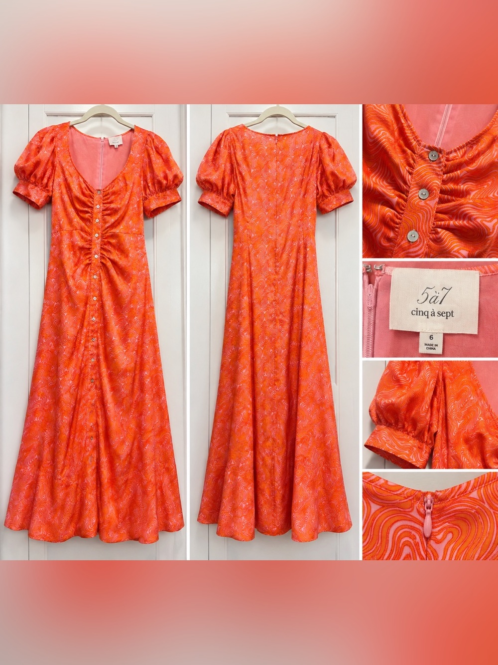Cinq à Sept Orange Pink Swirl Ruched Button Front Dress Size 6